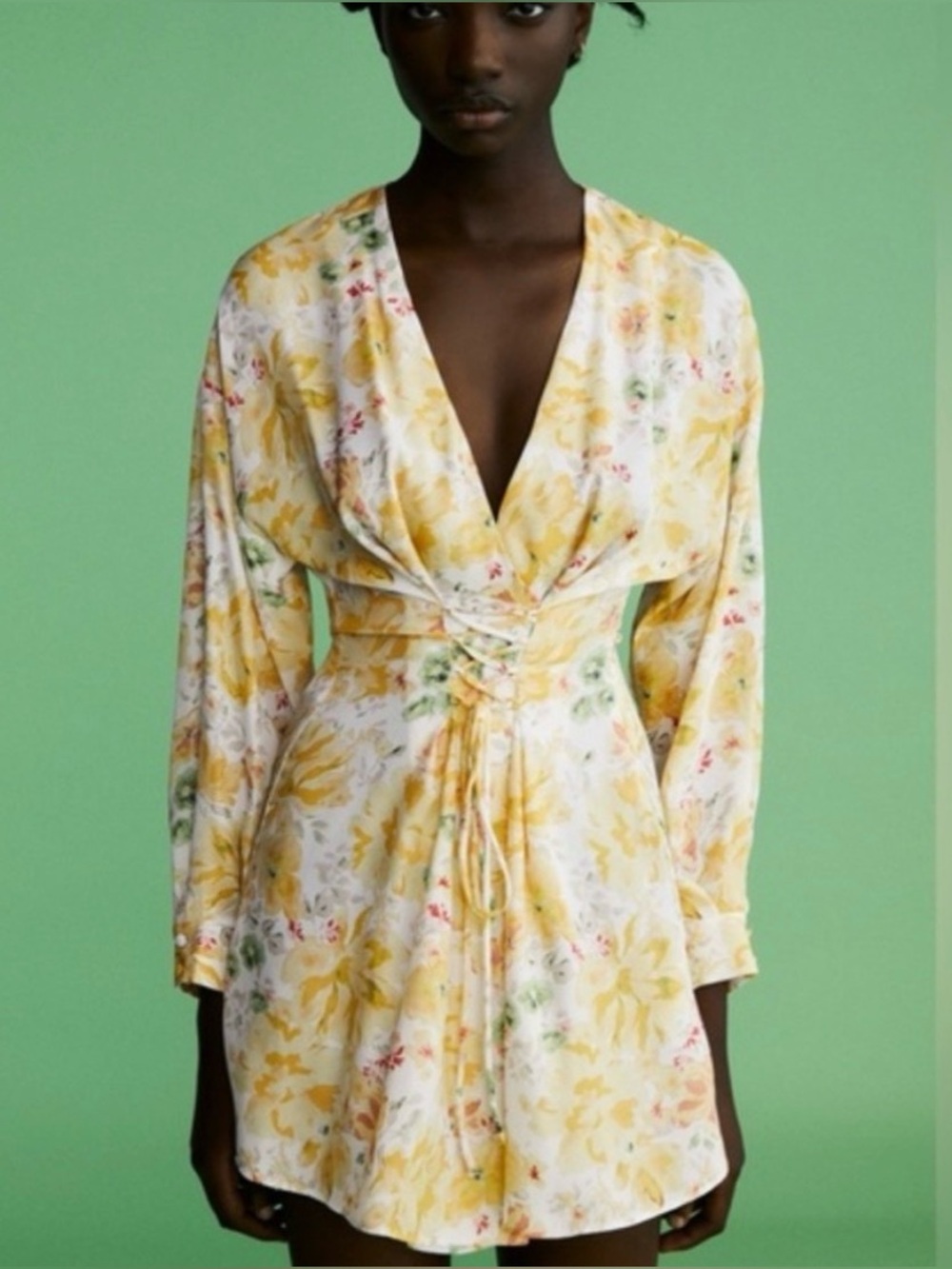 Zara Yellow Floral V-Neck Mini Dress